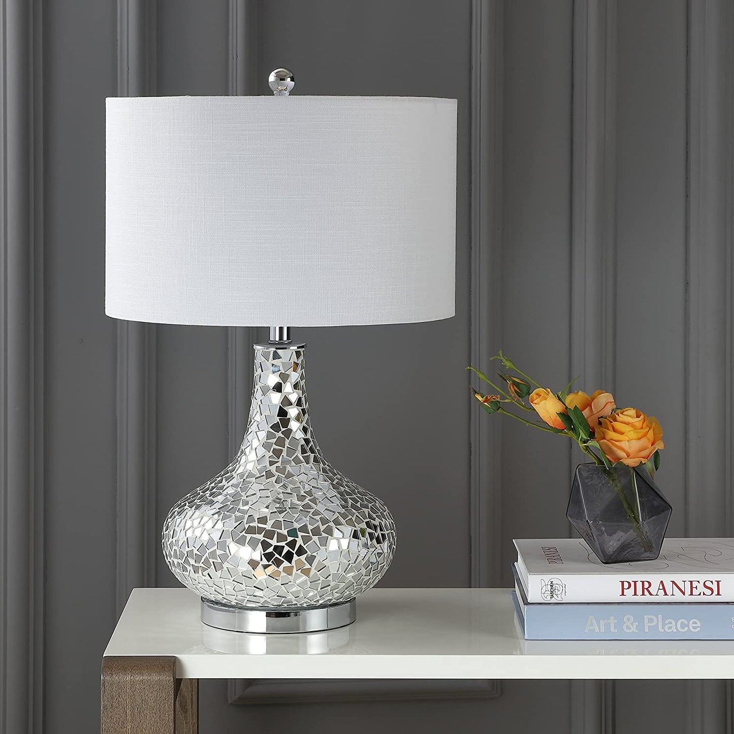 Emilia 26" Mirrored Mosaic LED Table Lamp Silver