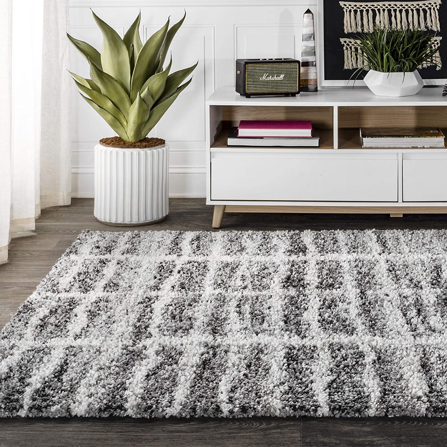 Merida Stacked Grid Shag Grey/Ivory Soft Area Rug