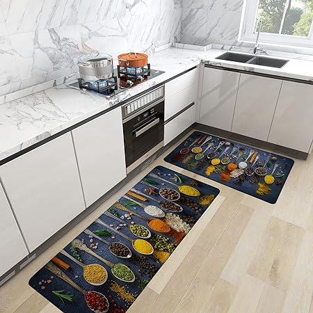 Set 2 Pieces Artistic Colorful Non Slip Anti Fatigue Kitchen Rugs Comfort Standing Mats, 17.3" x 28" + 17.3" x 47"