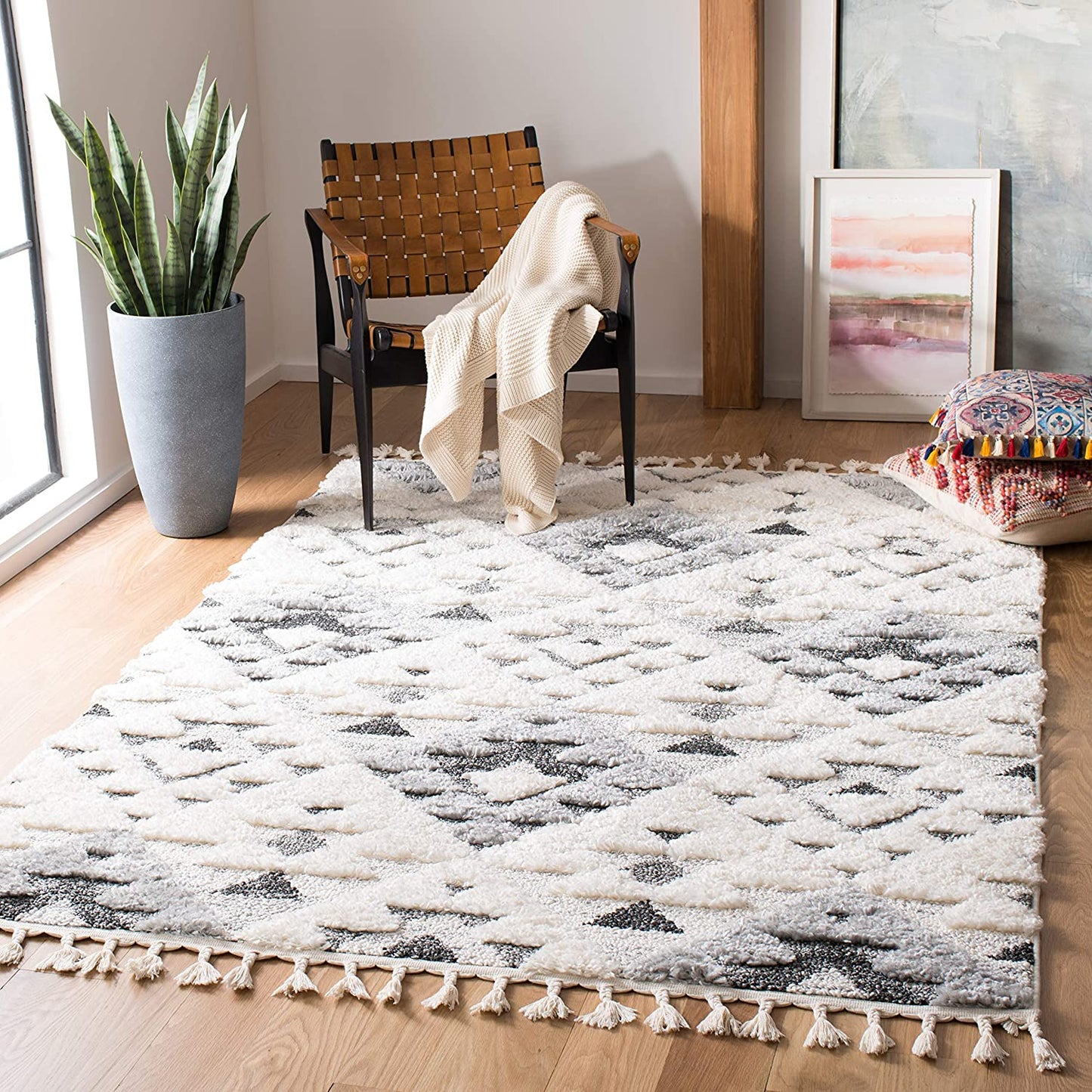 Moroccan Tassel Shag shag Area Rug Ivory / Grey