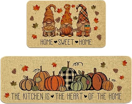 2 Piece Pumpkin Kitchen Mats Set The Kitchen is The Heart of The Home Non-Slip Rugs Home Sweet Home Decoration Doormat (17" x 29" + 17" x 47")