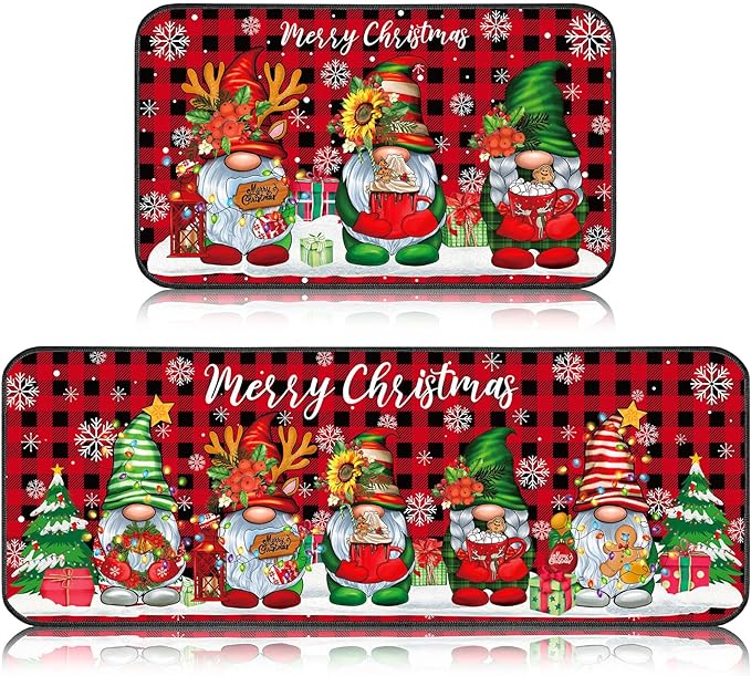Non Slip Santa Claus Snow Gnome Low Profile Plaid Winter Decorative Christmas Rug 17x29 and 17x47 Inch