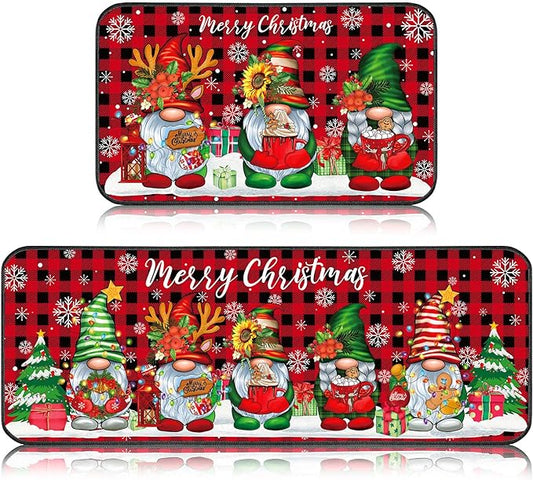 Non Slip Santa Claus Snow Gnome Low Profile Plaid Winter Decorative Christmas Rug 17x29 and 17x47 Inch