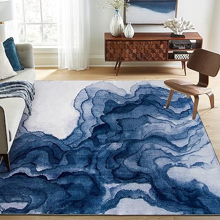 Non-Shed - Eco-Friendly, Machine Washable Rug - Stain Resistant, Made from Premium Recycled Fibers - Abstract Contemporary - Blue, 2'6" x 6'