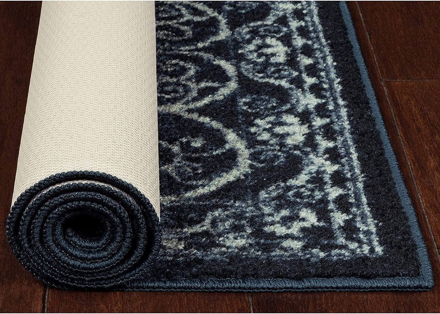 Maples Rugs Pelham Vintage Runner Rug Non Slip Washable Navy/Grey