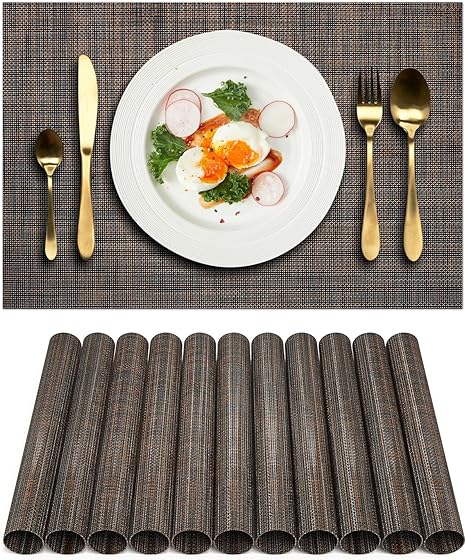 Set of 8 Heat-Resistant Non-Slip Washable Indoor/Outdoor Woven Vinyl Placemats for Kitchen Dining Table (12x18 Inches, Coffee-Colored)