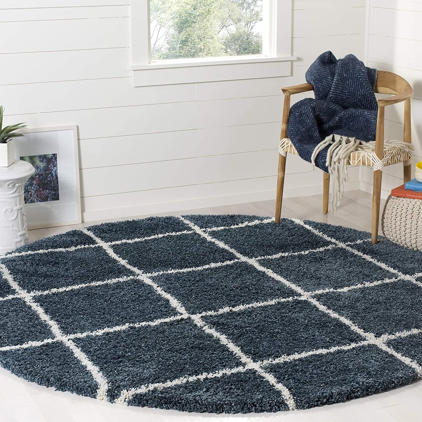 Diamond Trellis Slate Blue/Ivory Soft Plush Shag Area Rug 2-inch Thick