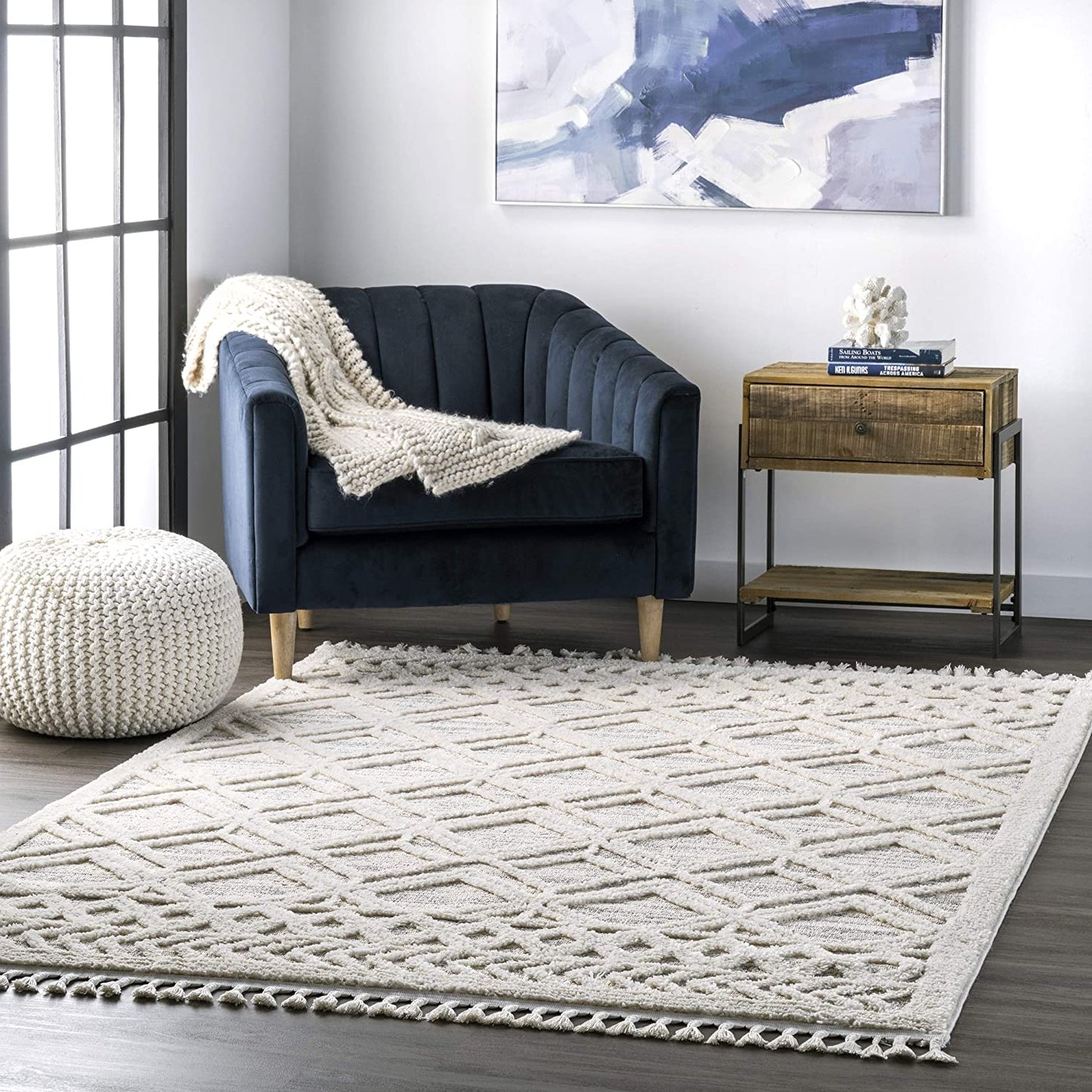 nuloom Ansley Soft Lattice Textured Tassel Area Rug Beige