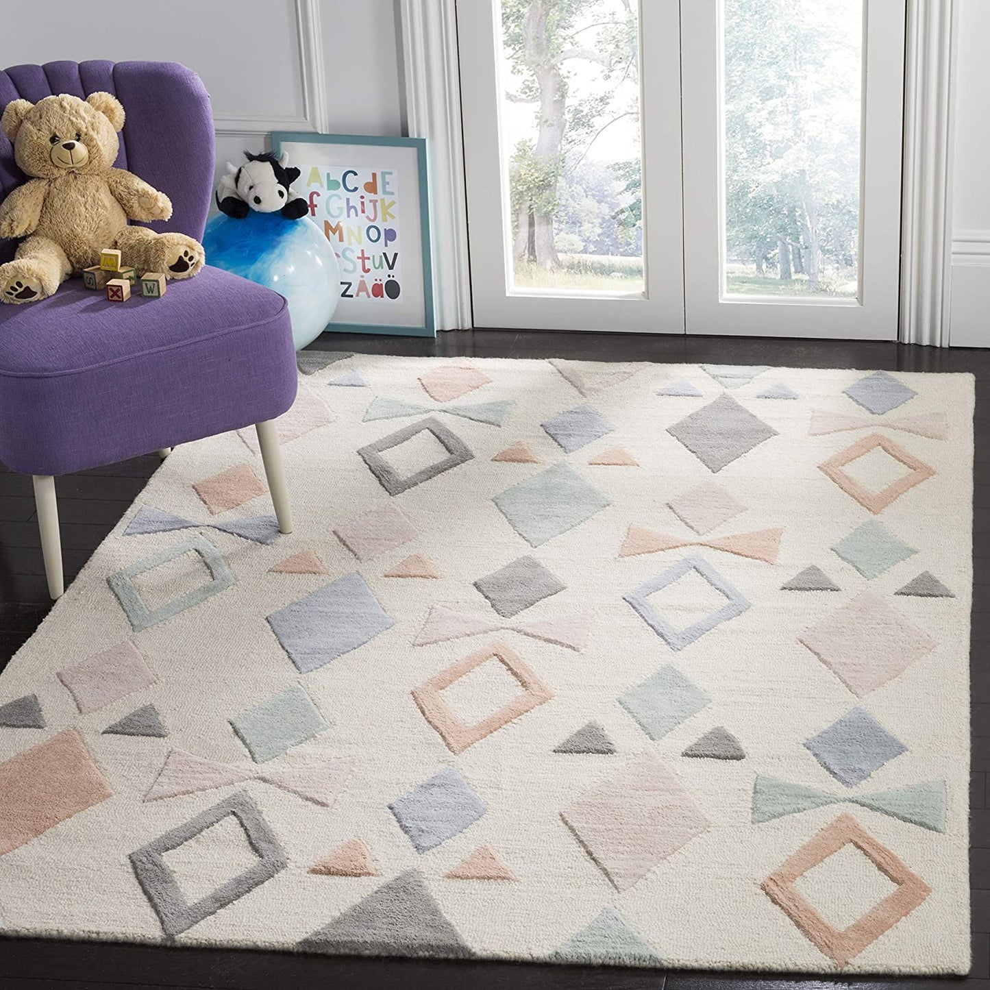 Kids Collection Handmade Geometric Wool Area Rug Ivory / Multi