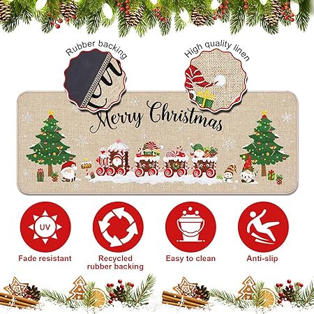 Non Slip Buffalo Plaid Black Santa Claus Mats 17 x 47 Inch and 17 x 29 Inch