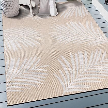 Contemporary Palm Leaves Textured Flat Weave Easy Cleaning Outdoor Rugs