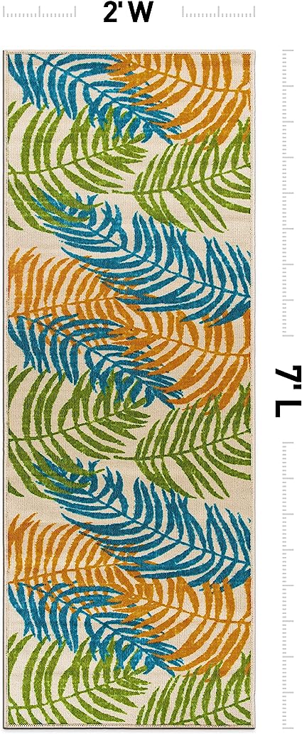 Minorca Floral Leaves Non-Shedding Outdoor Rugs - 2' x 7' Multi