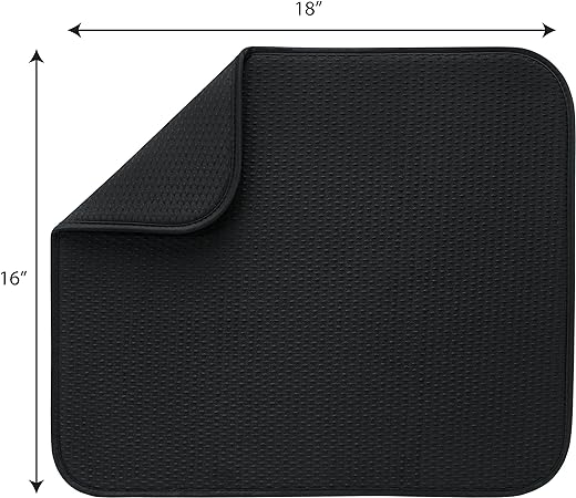 Absorbent, Reversible Microfiber Dish Mat, 16 Inch x 18 Inch, Black