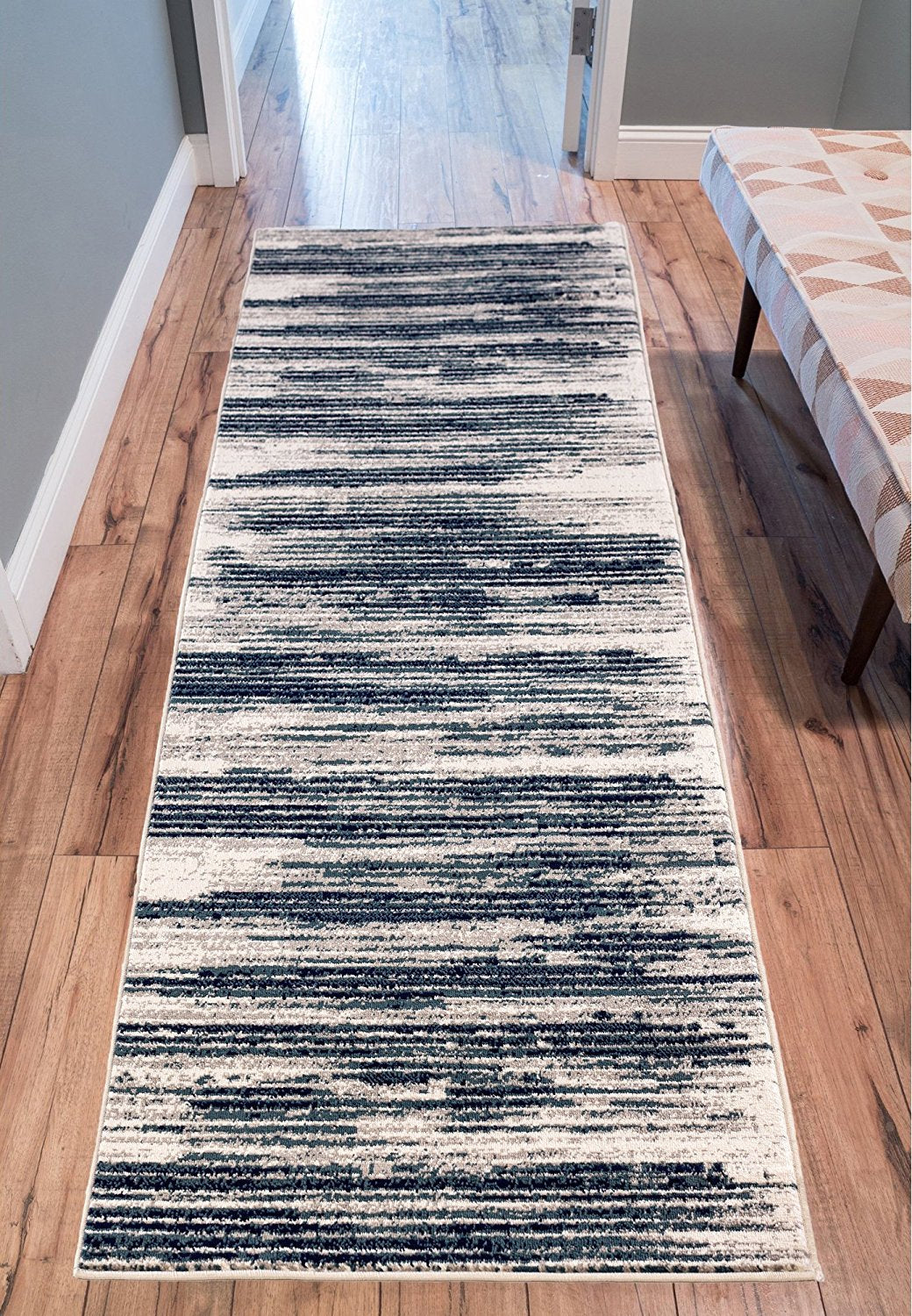 Stripes Design Ivory/Navy/Teal Area Rugs