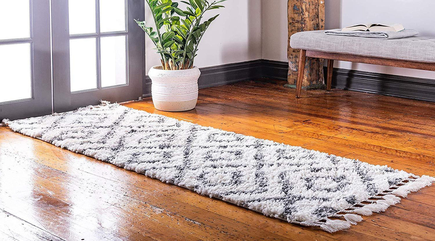 Lattice Tassel Ivory Gray Plush Shag Area Rugs