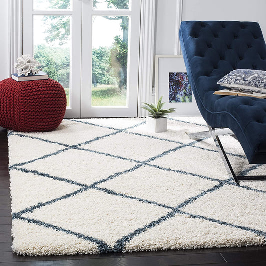 Diamond Trellis Ivory/Slate Blue Soft Plush Shag Area Rug 2-inch Thick