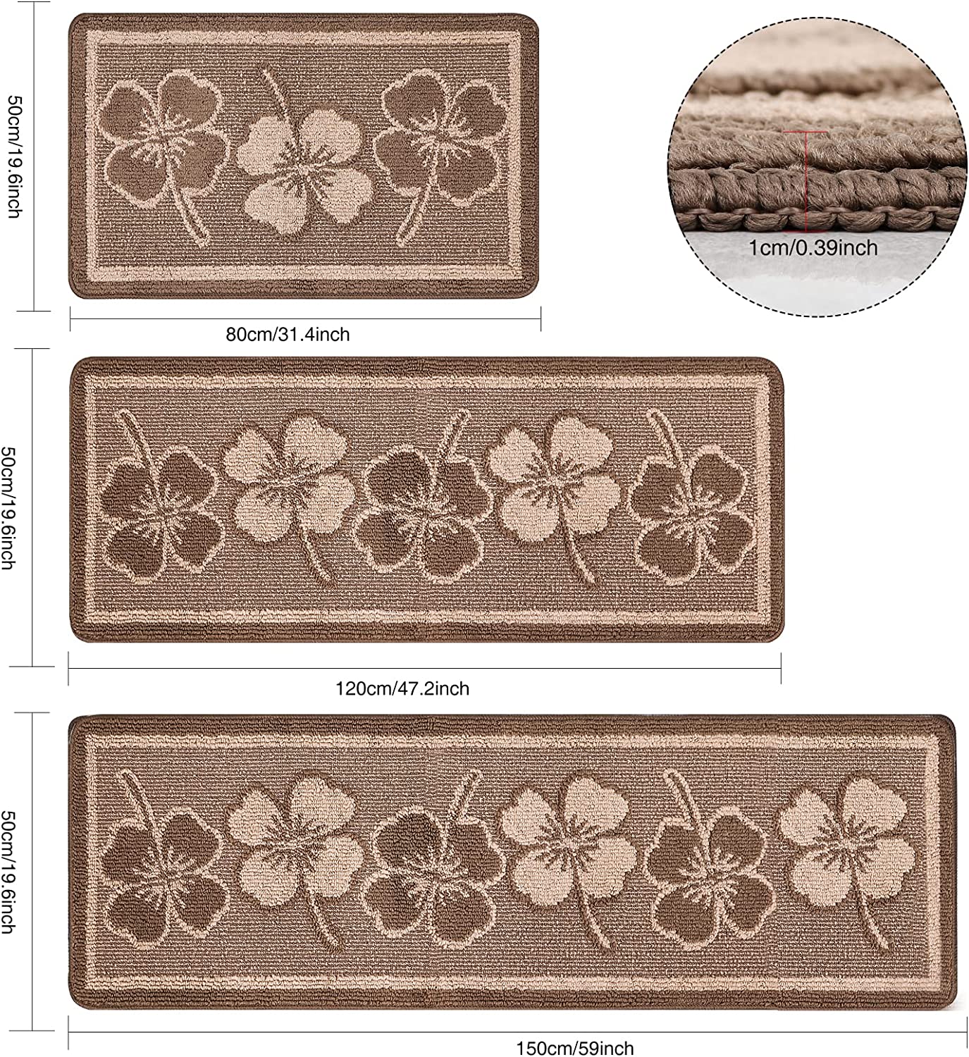 Sets 3 PCS Non Slip Kitchen Rugs - (Brown,19.7"x47.2"+19.7"x31.5"+19.7" x 59")