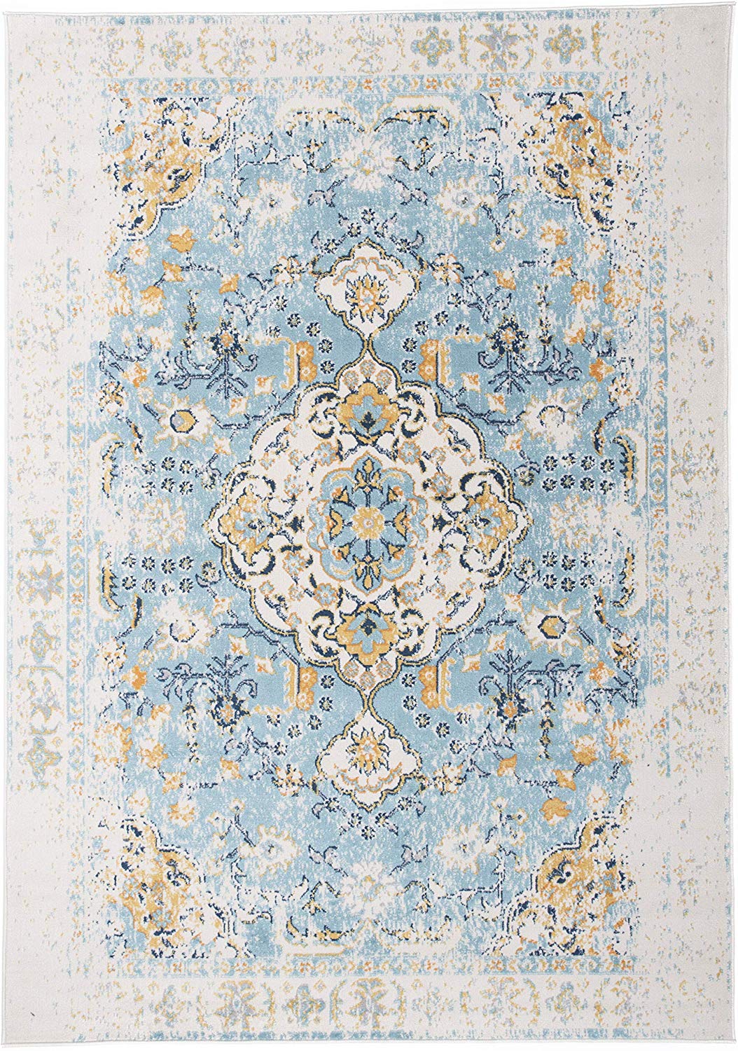 Vintage Medallion Floral Ivory Blue Soft Area Rug