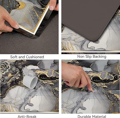 Set of 2 Anti-Fatigue 0.4 Inch Thick Gray Marble Non Slip Waterproof Comfort Standing PVC Mat, 17.3 x28+17.3 x 47 Inch