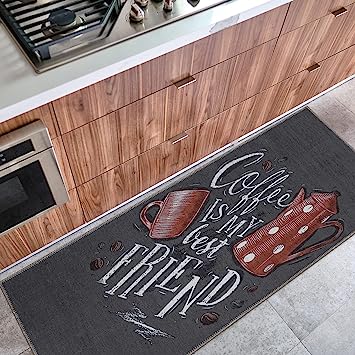 Machine Washable Wrinkle Free Coffee Cup Design Cotton 2 x 5 Kitchen Runner Rug (20" x 59", Beige)