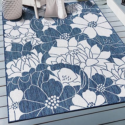 Modern Floral Flowers Textured Flat Weave Easy Cleaning Outdoor Rugs