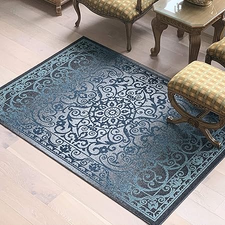 Pelham 2-Piece Non Slip Machine Washable Traditional Vintage Throw and Runner Floor Carpet, 17"x24" + 17"x48", Blue/Grey