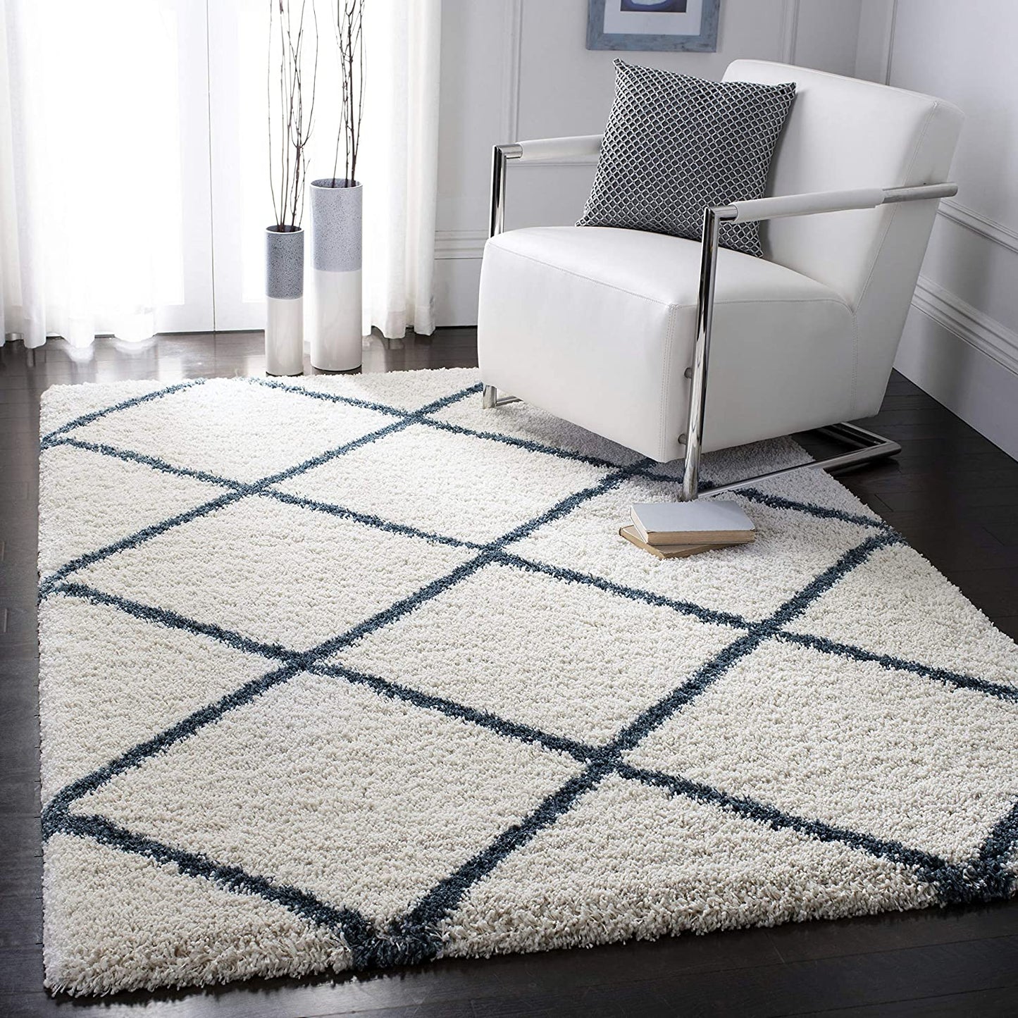 Diamond Trellis Ivory/Slate Blue Soft Plush Shag Area Rug 2-inch Thick