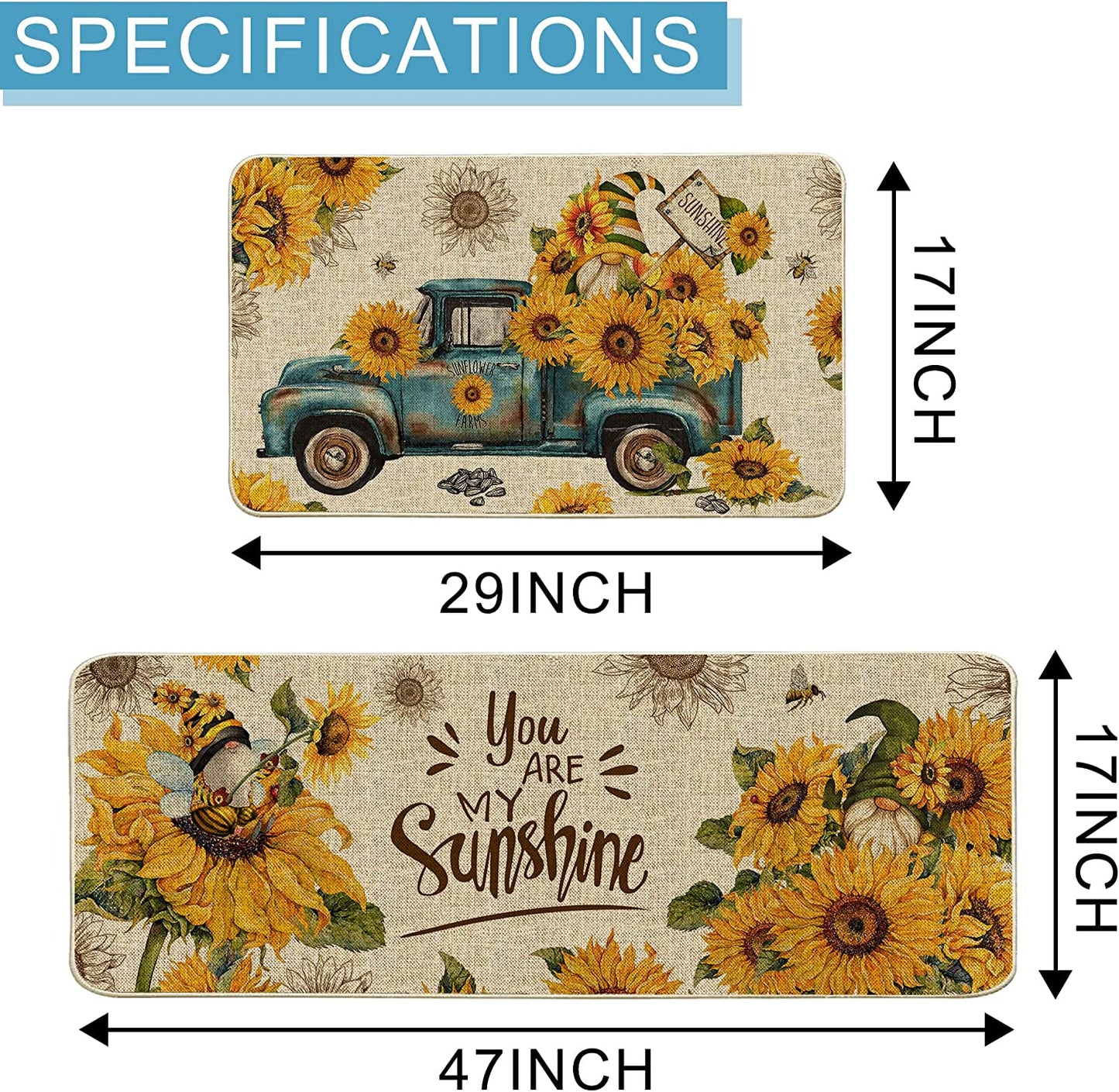 Set of 2, Anti Fatigue  Floor Non-Slip You are My Sunshine Kitchen Decor Holiday Decorations-17x29 and 17x47 Inch