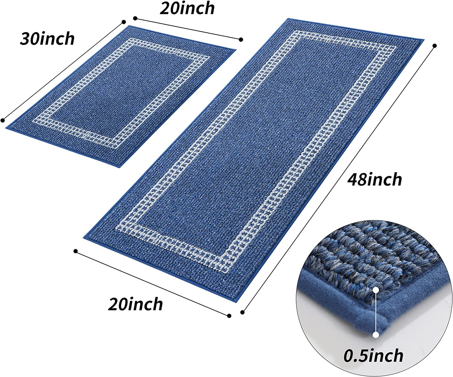 [2 PCS] Super Absorbent, Non-Skid, Washable, Polypropylene, Blue Kitchen Rugs and Mats 48x20 Inch/30X20 Inch