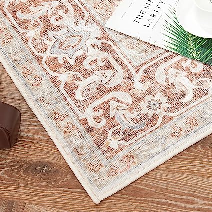 Persian Brick Red Vintage Foldable Thin Floral Print Floor Cover Retro Accent Rug
