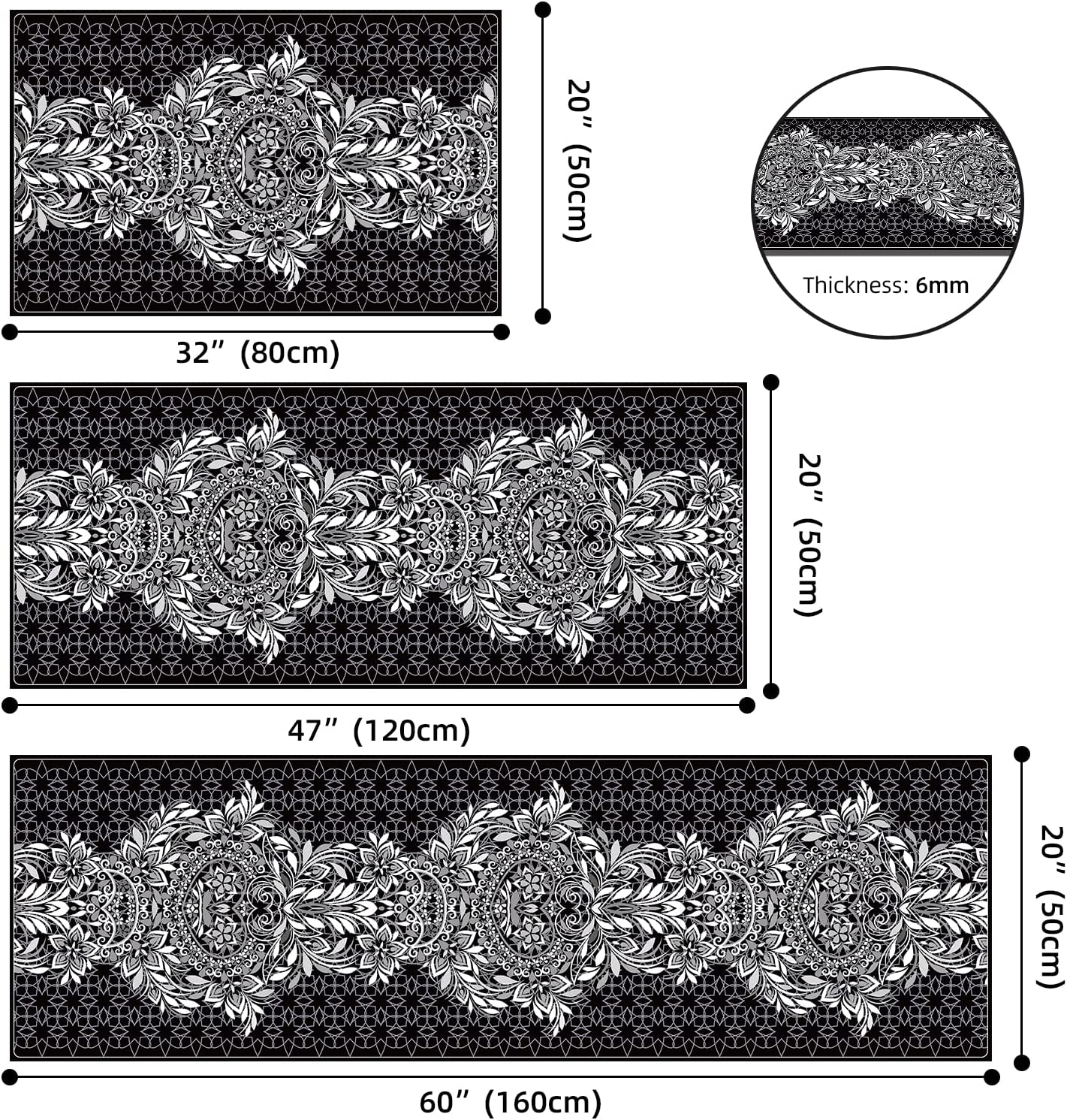 Set 3 Pieces Non Slip, Washable, Waterproof Kitchen Runner Rug (20"x 32"+ 20"x 48" + 20" x 62")