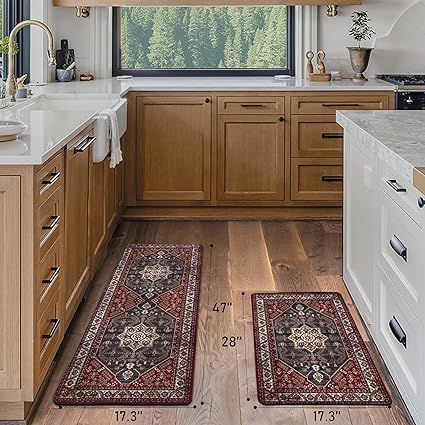 Set 2 Pieces,0.4 Inches Thick Non Slip Kitchen Rugs and Mats Teal Wood Cushioned Anti Fatigue Floor Mat Waterproof Comfort Standing Runner Sink Rug,17.3 x 28+17.3 x 47 Inch