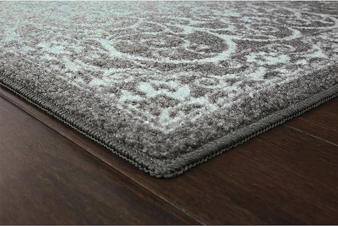 Pelham 2-Piece Non Slip Machine Washable Traditional Vintage Throw and Runner Floor Carpet, 17"x24" + 17"x48", Blue/Grey