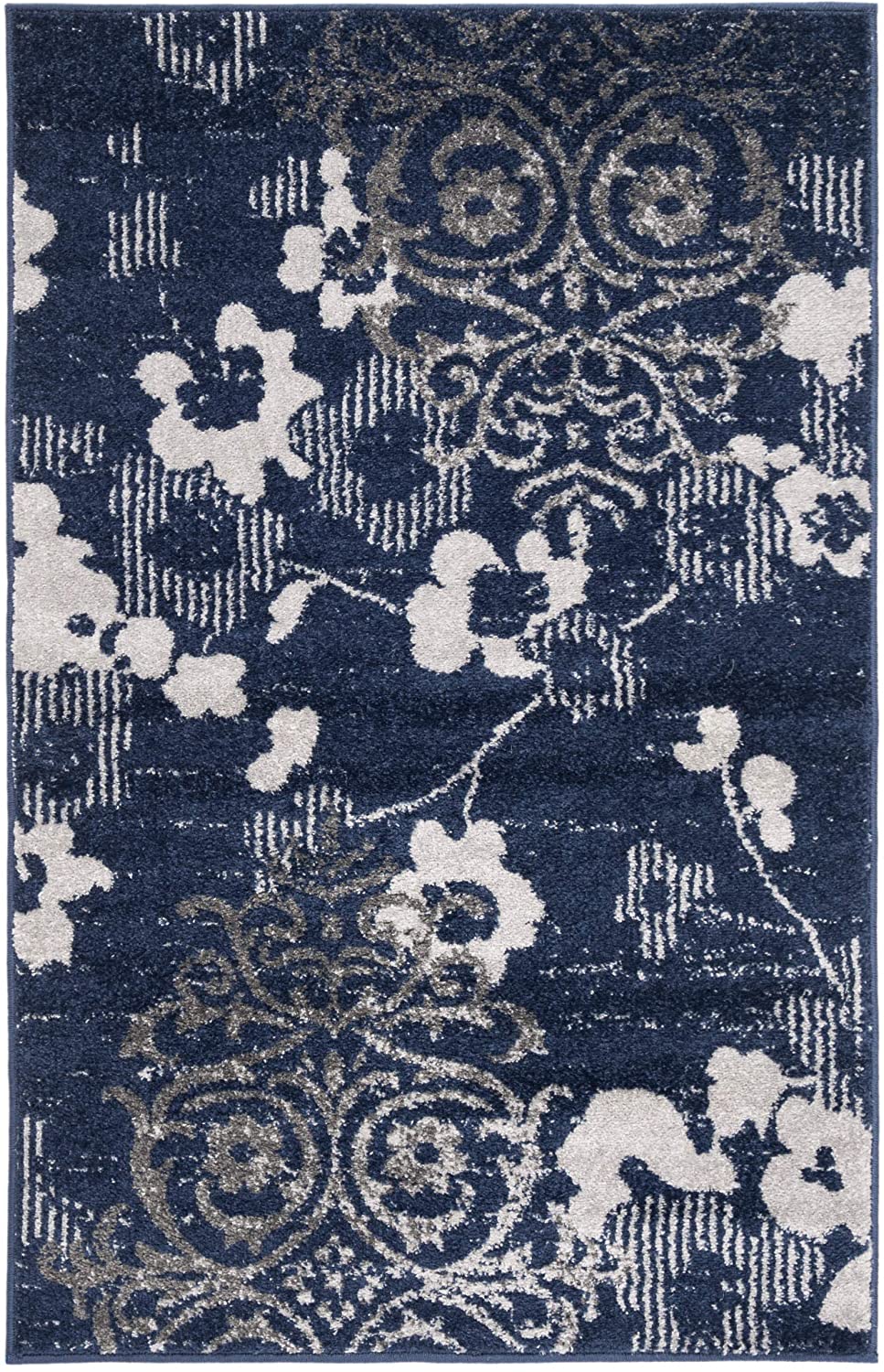 Navy Blue Silver Contemporary Chic Damask Soft Area Rug