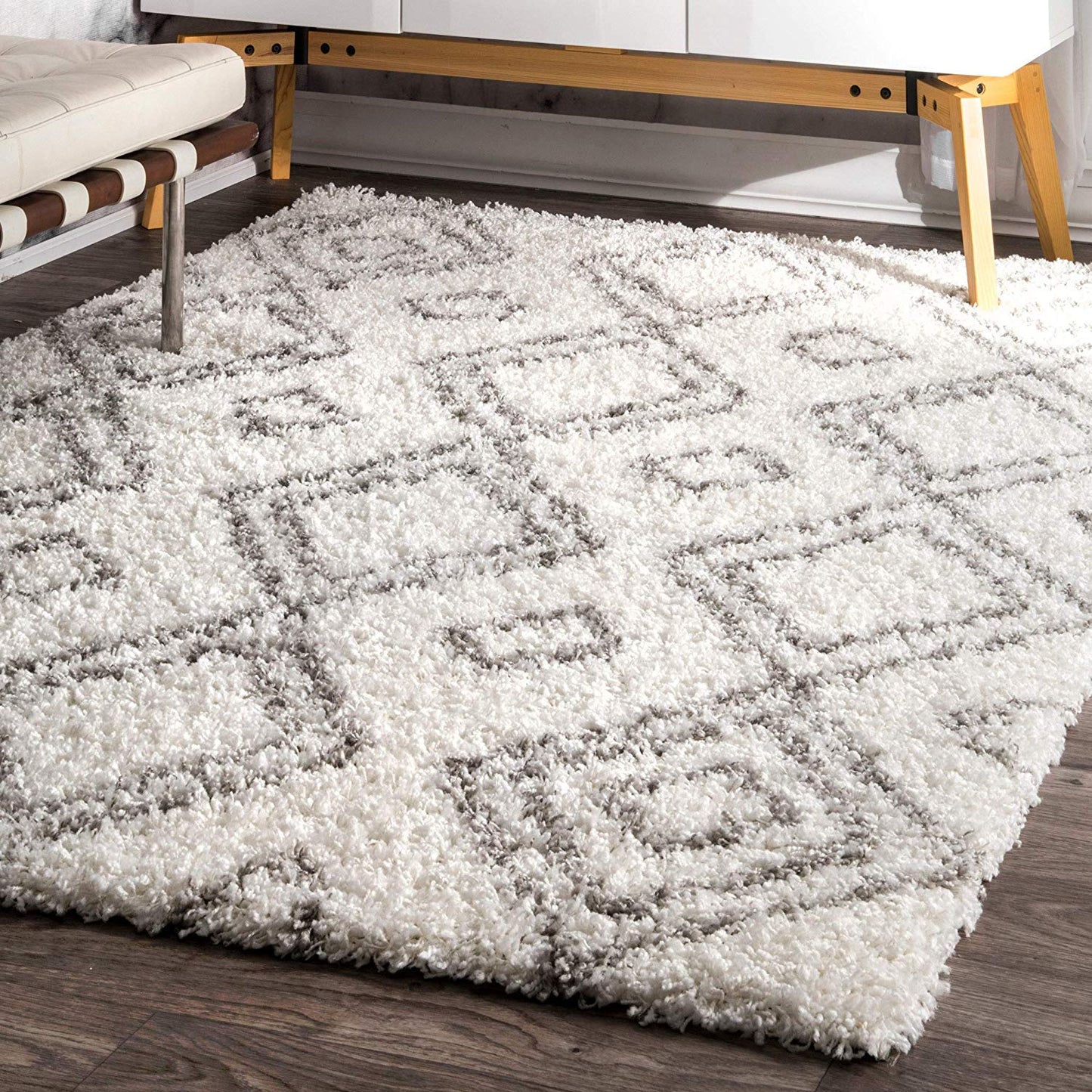 Premium White Grey Trellis Soft Plush Shag Area Rug