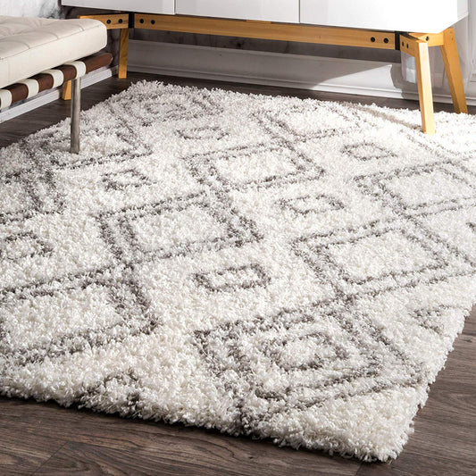 Premium White Grey Trellis Soft Plush Shag Area Rug