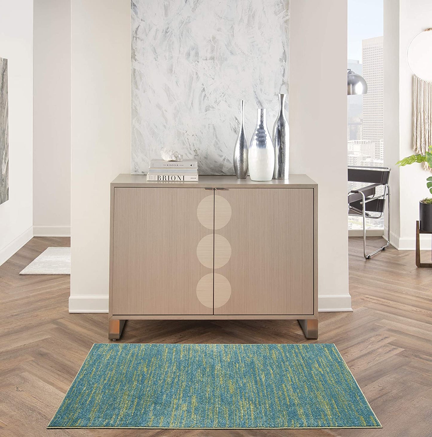Solid Contemporary Blue Green Indorr/Outdorr Area Rug