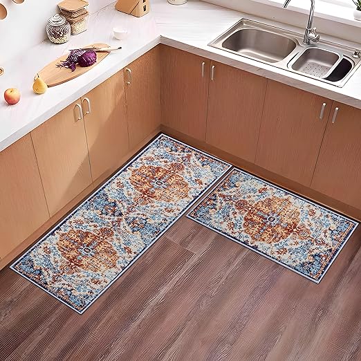 Sets of 2, Non Slip Washable Bohemian Rugs, Boho Kitchen Decor, 17"x30"+17"x47"