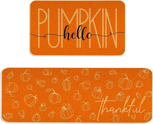 Orange Hello Pumpkin Thankful Fall Kitchen Mats Set of 2- 17x29 and 17x47 Inch