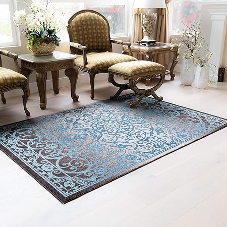 Pelham 2-Piece Non Slip Machine Washable Traditional Vintage Throw and Runner Floor Carpet, 17"x24" + 17"x48", Blue/Grey