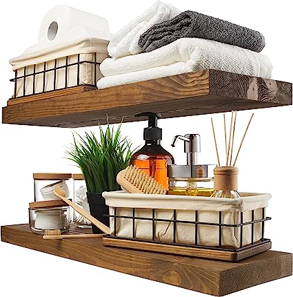 Floating Wood Shelves Set of 2 - Rustic Shelf 16 inch - Handcrafted in Europe - Walnut Color - 16" x 6.7"