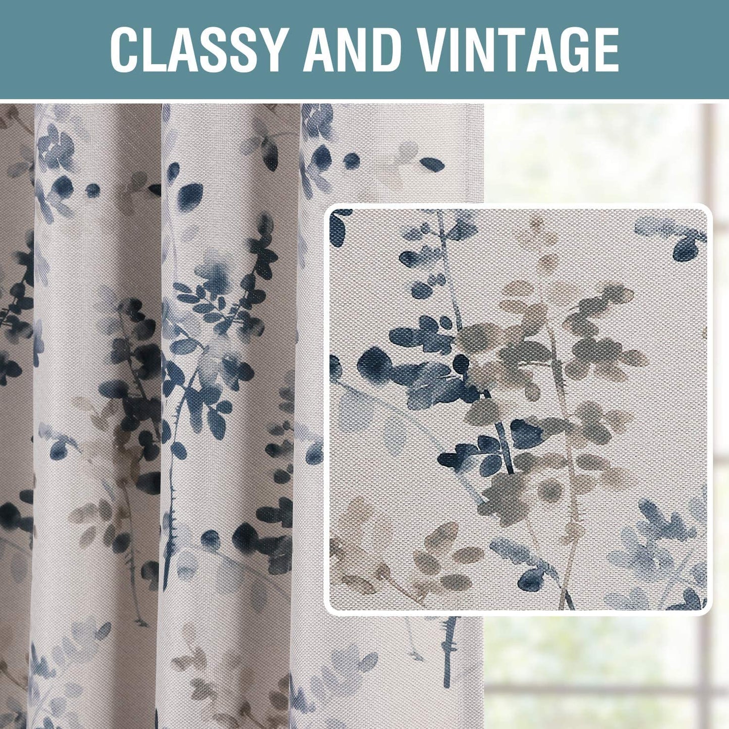 Linen Blackout Curtains 63 Inches Burlap Effect Linen Curtain Draperies for Grey Floral Printing Grommet 2 Panel