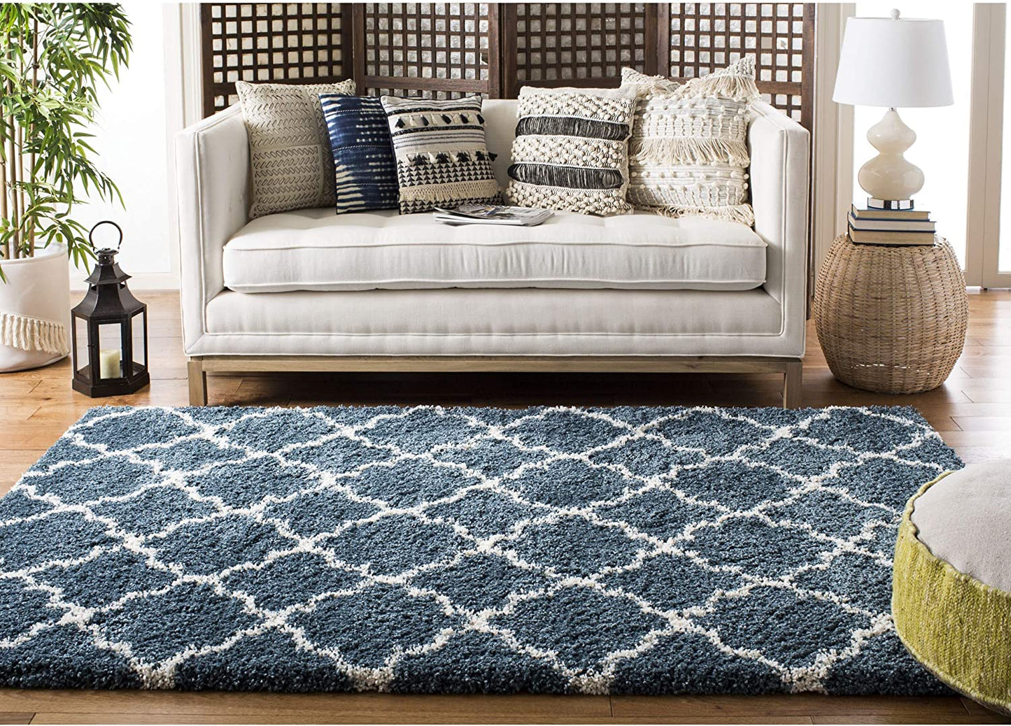 Diamond Trellis Slate Blue/Ivory Soft Plush Shag Area Rug 2-inch Thick