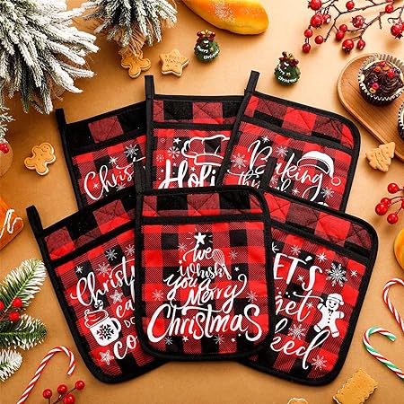 Machine Washable Heat Resistant Christmas Pot Holders with Pocket Xmas Funny Pot Mat, (Black,6 Pieces)