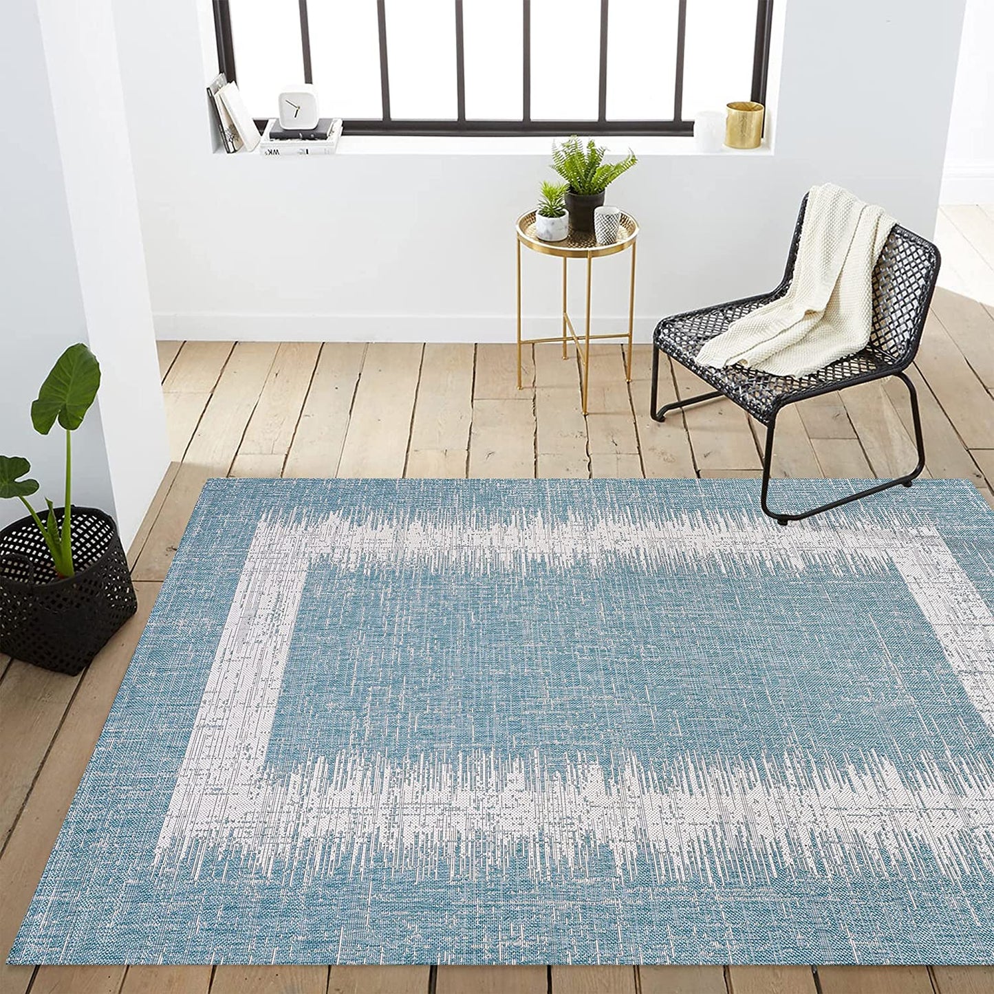 Scandi Minimalist Indoor/Outdoor Border Aqua/Ivory Soft Area Rug