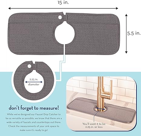 Microfiber Kitchen Faucet Sink Mat Drip and Splash Catcher with Snap Fastener, Absorbent and Reversible, 15 Inch x 5.5 Inch, White Trellis