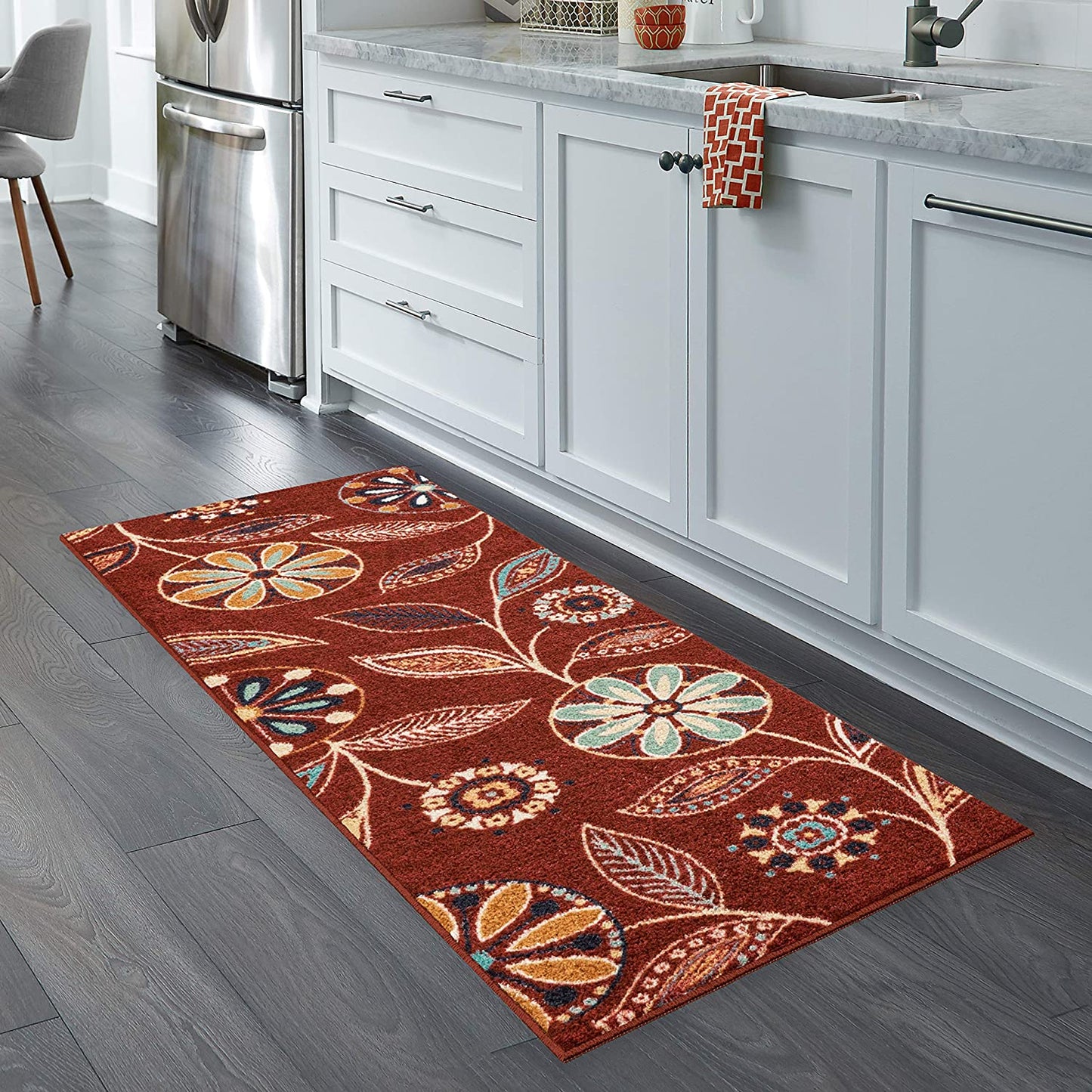 Maples Floral Non Skid Washable Merlot Multi Area Rug