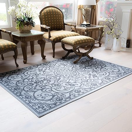 Pelham 2-Piece Non Slip Machine Washable Traditional Vintage Throw and Runner Floor Carpet, 17"x24" + 17"x48", Blue/Grey
