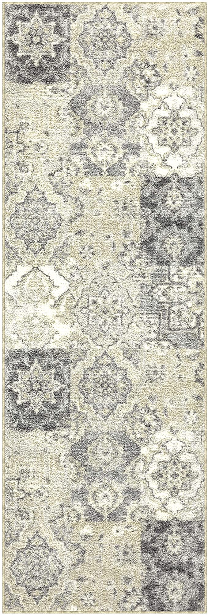 Maples Rugs Vintage Patchwork Distressed Non Skid Washable Throw Rugs Grey