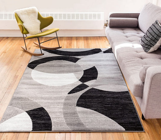 Grey Geometric Modern Casual Abstract Boxes Lines Circles Soft Area Rug
